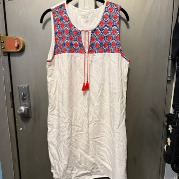 Boho Red, White & Blue Embroidery Sleeveless Linen Peasant Shift Mini dress - Picture 5 of 16